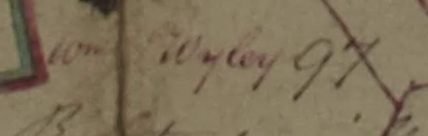 Map detail in red ink: Wm Wyley 97